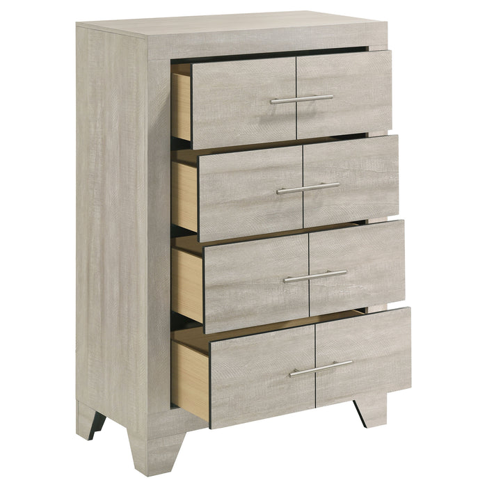 Rustic cream Trenton 4-drawer bedroom chest of drawers by CoasterEveryday, showcasing a wooden furniture piece with metal handles.