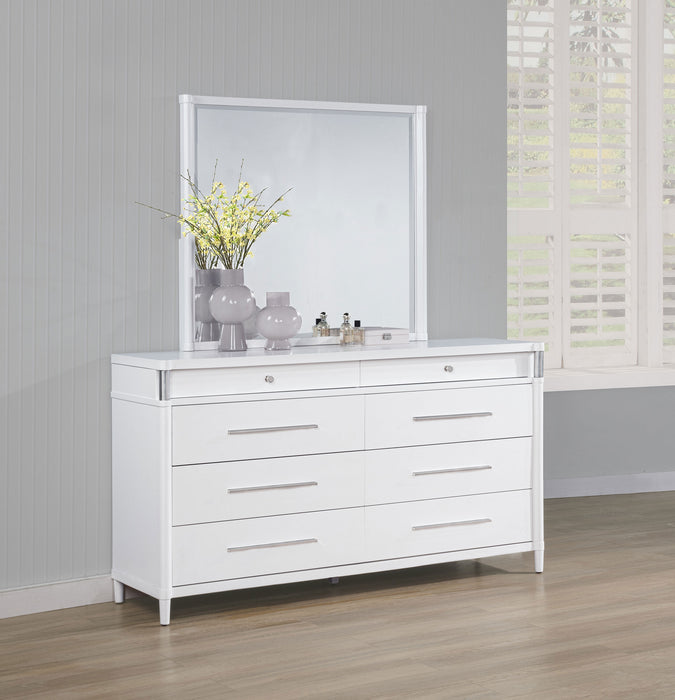White Gracemont 8-drawer bedroom dresser with mirror, featuring sleek wood finish and modern furniture design by CoasterEveryday.