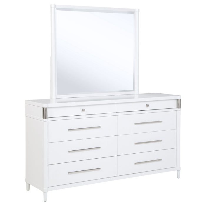 White Gracemont 8-drawer bedroom dresser with attached mirror and modern wooden finish, featuring sleek drawer handles.