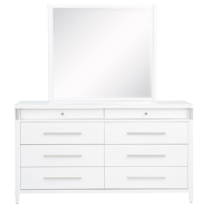 White Gracemont 8-drawer bedroom dresser with attached mirror, featuring sleek furniture design and ample storage space.