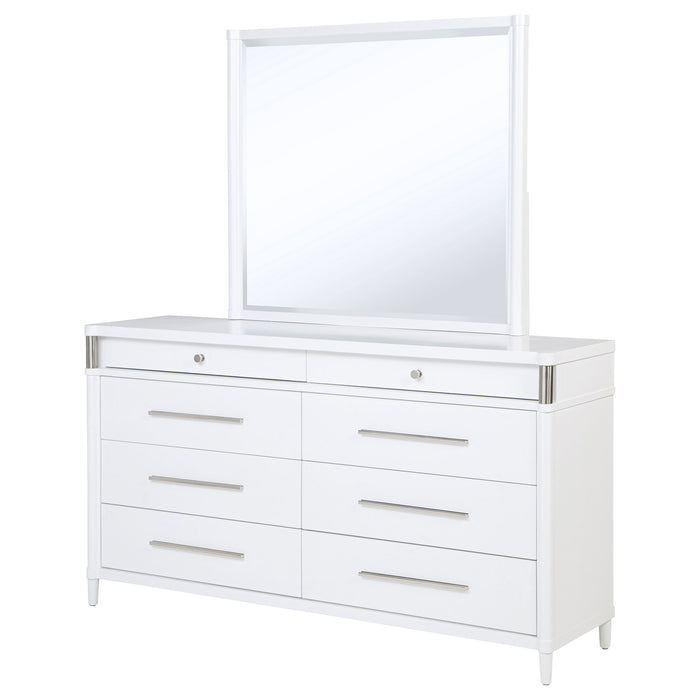 White Gracemont 8-drawer bedroom dresser with mirror from CoasterEveryday, showcasing spacious drawers and sleek furniture design.