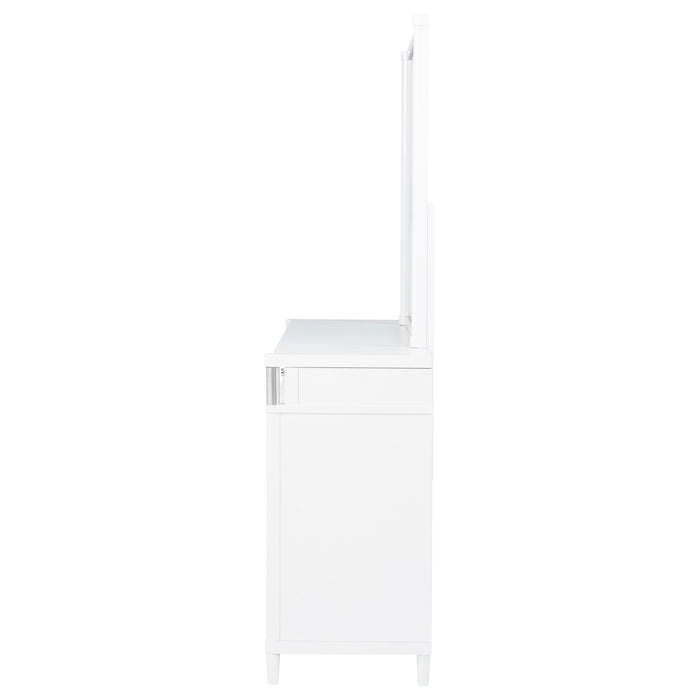 White CoasterEveryday Gracemont 8-drawer bedroom dresser with attached mirror, showcasing sleek furniture design and ample storage.