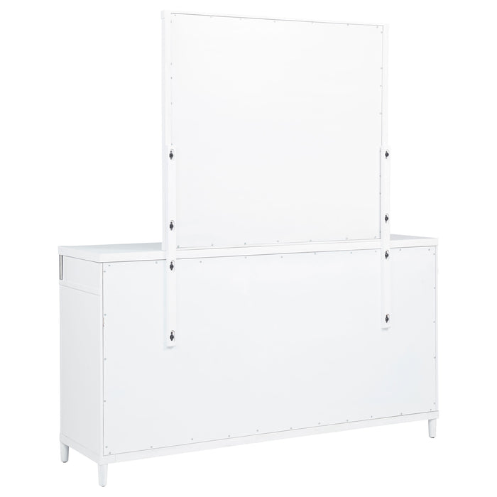 White Gracemont 8-drawer bedroom dresser with attached mirror and sleek wooden finish, designed for modern bedroom storage.