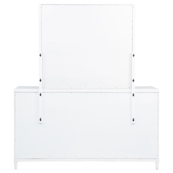 White Gracemont 8-drawer bedroom dresser with attached mirror and sleek wooden finish, showcasing spacious storage and modern design.