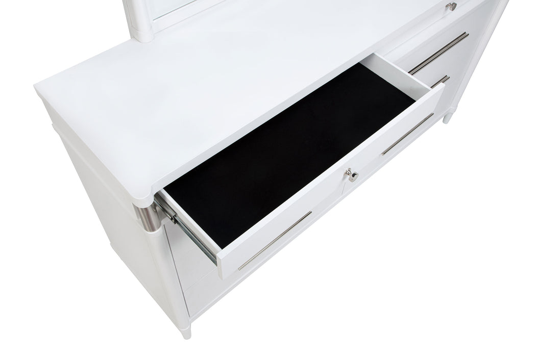 White Gracemont 8-drawer bedroom dresser with mirror, showcasing sleek wooden furniture with ample storage and a reflective top.