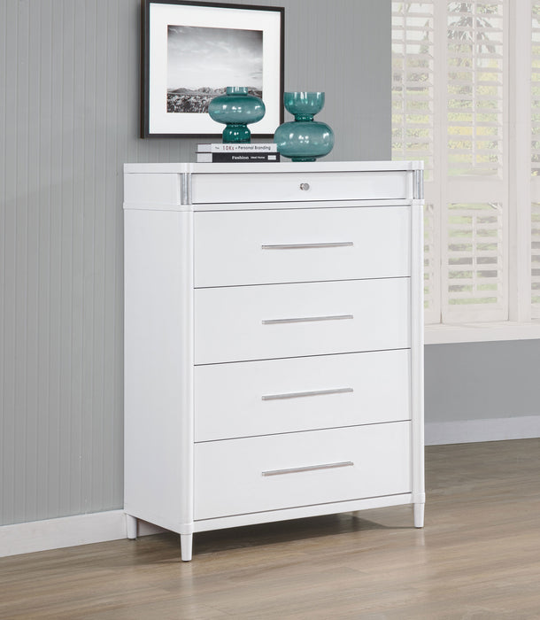 White CoasterEveryday Gracemont 5-drawer bedroom chest of drawers with sleek handles and spacious storage, shown from front view.
