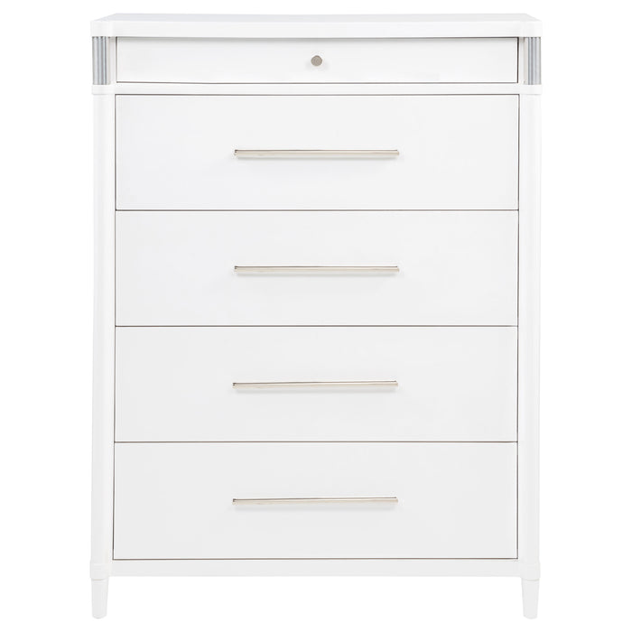 White CoasterEveryday Gracemont 5-drawer bedroom chest of drawers with sleek design and modern handles, placed in a bedroom setting.