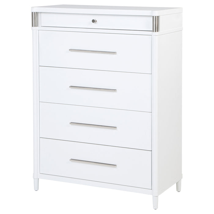 White Gracemont 5-drawer bedroom chest of drawers by CoasterEveryday, showing sleek wooden furniture with silver handles.