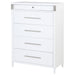 White Gracemont 5-drawer bedroom chest of drawers by CoasterEveryday, showing sleek wooden furniture with silver handles.