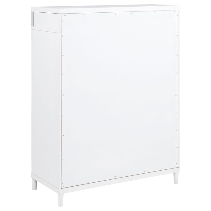 White Gracemont 5-drawer bedroom chest of drawers by CoasterEveryday, showing a sleek furniture piece with multiple storage drawers.