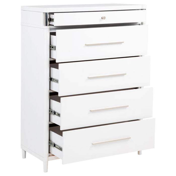 White Gracemont 5-drawer bedroom chest of drawers by CoasterEveryday, featuring sleek design and silver drawer handles.