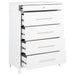 White Gracemont 5-drawer bedroom chest of drawers by CoasterEveryday, featuring sleek design and silver drawer handles.