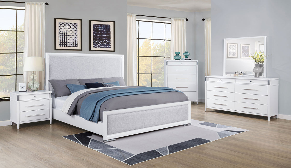 White Gracemont 5-drawer bedroom chest of drawers by CoasterEveryday showing smooth surface and sleek drawer handles.
