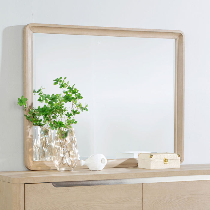 CoasterEveryday Ladera dresser mirror with light in elm finish, showcasing a sleek rectangular design and attached lighting features.