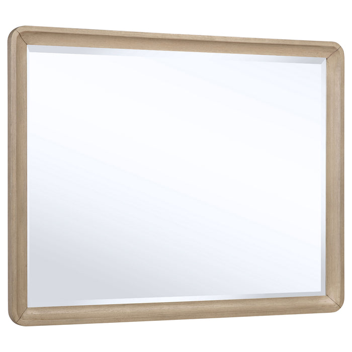 Ladera dresser mirror with light, made of light elm wood, showcasing a sleek, modern furniture design.