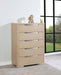 Light elm Ladera 5-drawer bedroom chest of drawers by CoasterEveryday, showcasing sleek wooden furniture with metal handles.