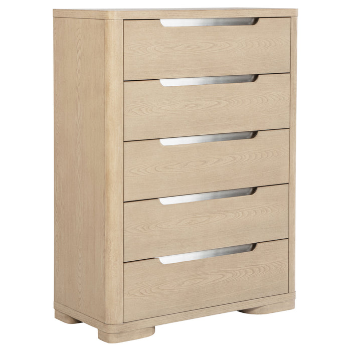 Light elm Ladera 5-drawer bedroom chest of drawers by CoasterEveryday, showcasing spacious drawers and modern furniture design.