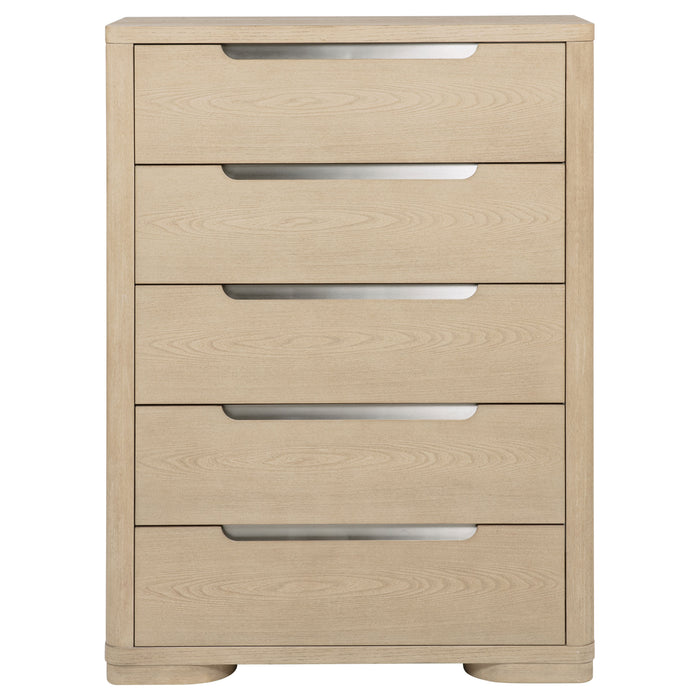 Light elm Ladera 5-drawer bedroom chest of drawers by CoasterEveryday, showing sleek wooden furniture with five spacious drawers.