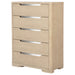 Light elm Ladera 5-drawer bedroom chest of drawers by CoasterEveryday showing sleek wooden furniture with metal handles.