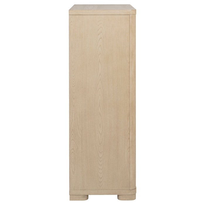 Light elm Ladera 5-drawer bedroom chest of drawers by CoasterEveryday, showcasing sleek furniture with modern design.