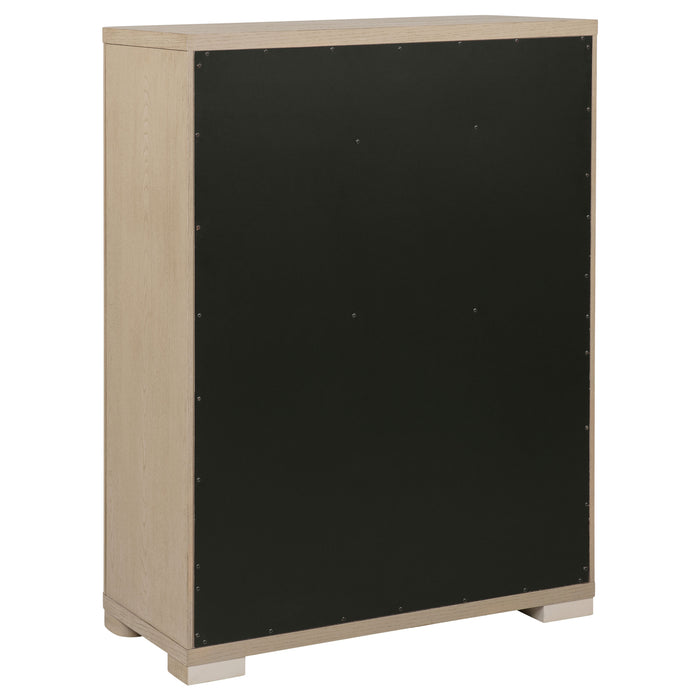Light elm Ladera 5-drawer bedroom chest of drawers by CoasterEveryday, showcasing a modern furniture piece with sleek drawer handles.