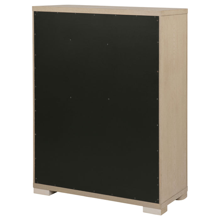Light elm Ladera 5-drawer bedroom chest of drawers by CoasterEveryday, showcasing sleek wooden furniture with modern design.