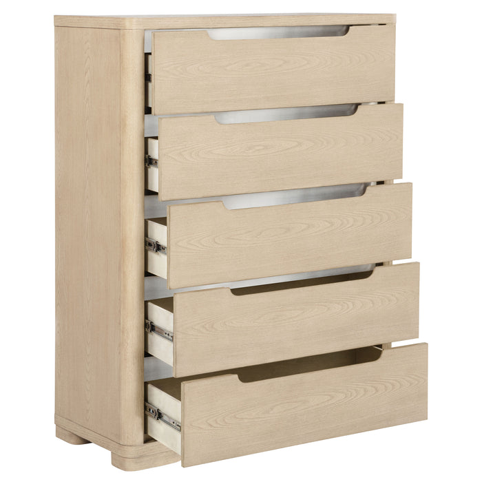 Light elm Ladera 5-drawer bedroom chest of drawers by CoasterEveryday, showing sleek wooden furniture with silver handles.