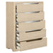 Light elm Ladera 5-drawer bedroom chest of drawers by CoasterEveryday, showing sleek wooden furniture with silver handles.