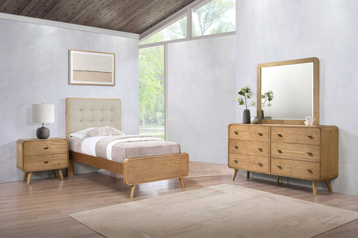 Robyn 4-piece twin bedroom set by CoasterEveryday in light ash wood, includes bed frame, nightstands, and dresser.