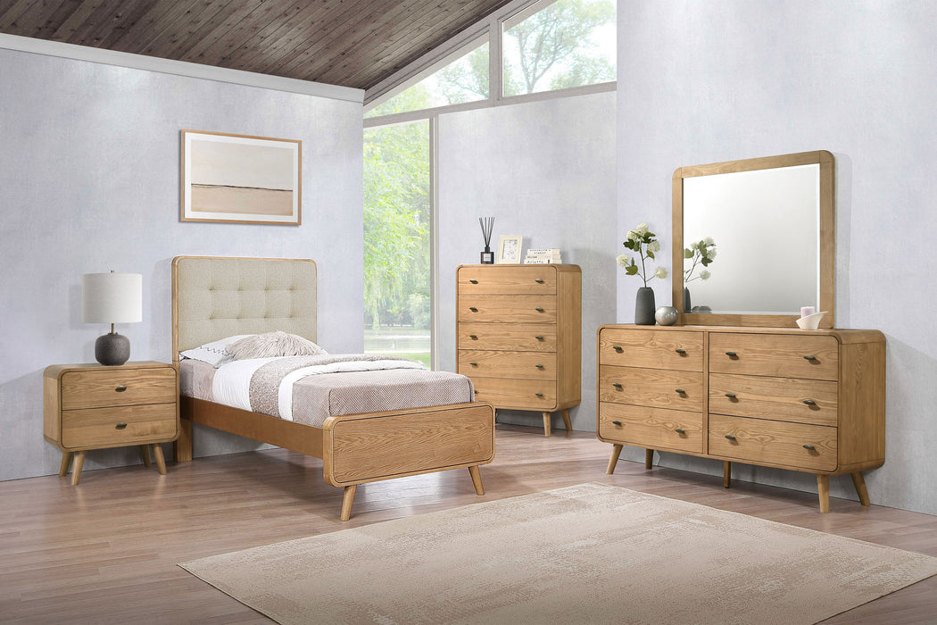 Robyn 5-piece twin bedroom set in light ash wood, featuring a bed frame, nightstands, and dresser with modern design.