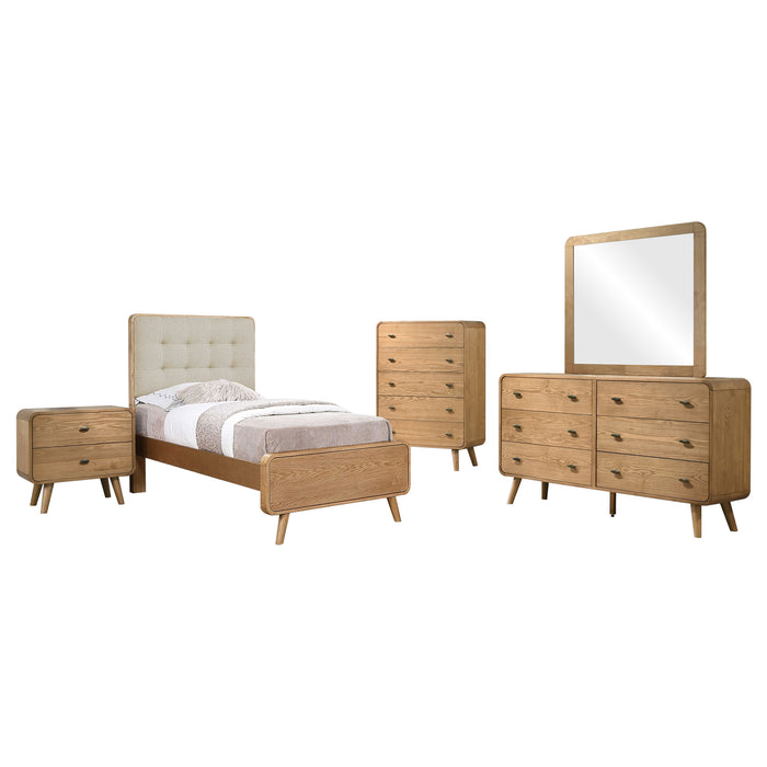 Robyn 5-piece twin bedroom furniture set in light ash finish, includes bed frame, dresser, and matching nightstands.