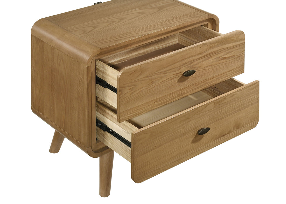 Robyn 2-drawer nightstand in light ash wood with modern furniture design, featuring sleek handles and a smooth finish.