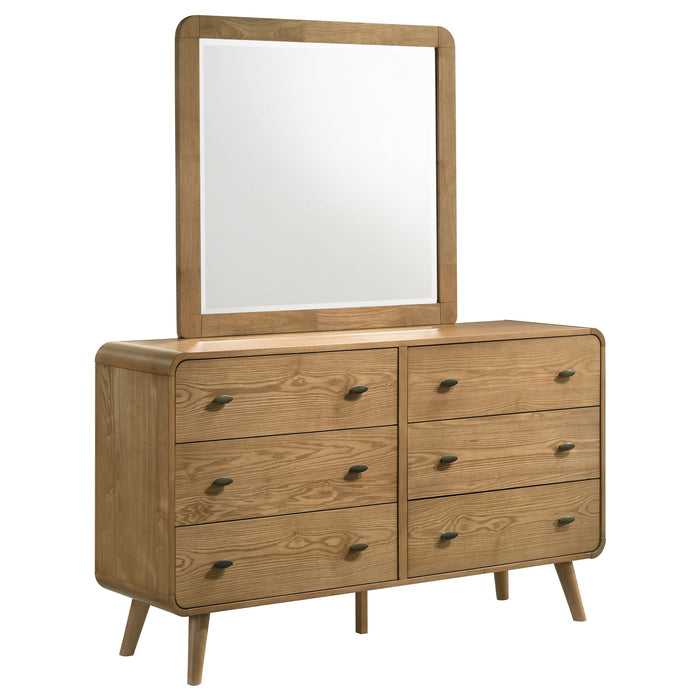 Light ash Robyn 6-drawer bedroom dresser with mirror, featuring sleek modern furniture design by CoasterEveryday.
