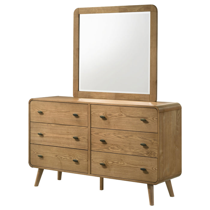 CoasterEveryday Robyn 6-drawer bedroom dresser with light ash finish and matching mirror, showcasing a modern furniture design.