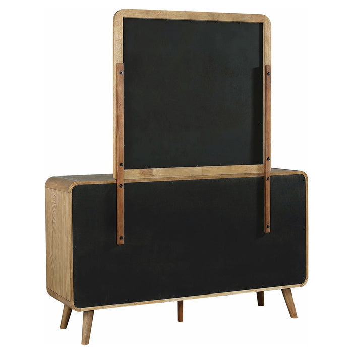 Robyn light ash 6-drawer bedroom dresser with mirror, featuring sleek modern furniture design and metal handles.