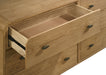 CoasterEveryday Robyn 6-drawer bedroom dresser with mirror in light ash wood finish, showcasing sleek modern furniture design.
