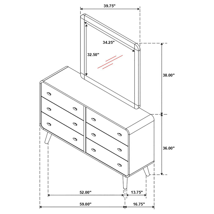 Robyn 6-drawer bedroom dresser with mirror in light ash wood, featuring sleek modern furniture design by CoasterEveryday.