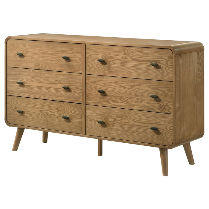 Robyn 6-drawer bedroom dresser in light ash wood finish, featuring sleek handles and modern furniture design.
