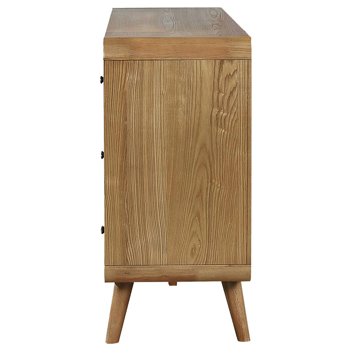 Robyn 6-drawer bedroom dresser in light ash wood with sleek handles, providing stylish storage for a modern bedroom.