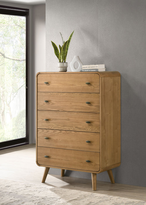 Light ash Robyn 5-drawer bedroom chest of drawers by CoasterEveryday, showcasing sleek wooden furniture with modern drawer handles.