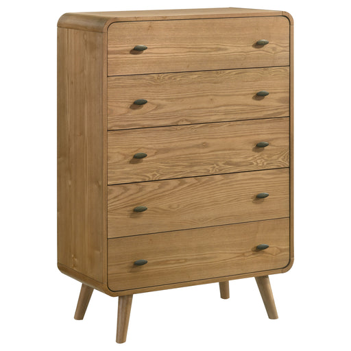 Robyn 5-drawer bedroom chest of drawers in light ash wood, showcasing sleek furniture design with five spacious drawers.