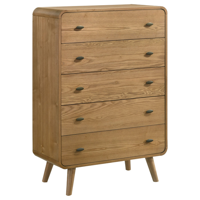 Light ash Robyn 5-drawer bedroom chest of drawers by CoasterEveryday, featuring sleek modern furniture design and spacious storage.