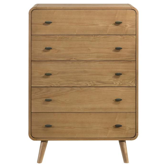 Robyn 5-drawer bedroom chest of drawers in light ash wood, modern furniture piece with sleek handles and spacious storage.