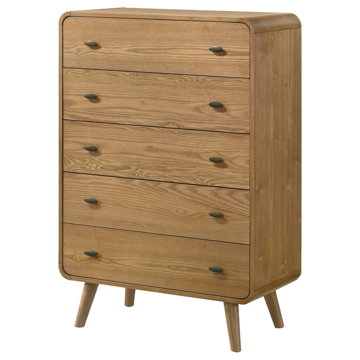 Robyn 5-drawer bedroom chest of drawers in light ash wood by CoasterEveryday, showing the sleek furniture design and drawer handles.