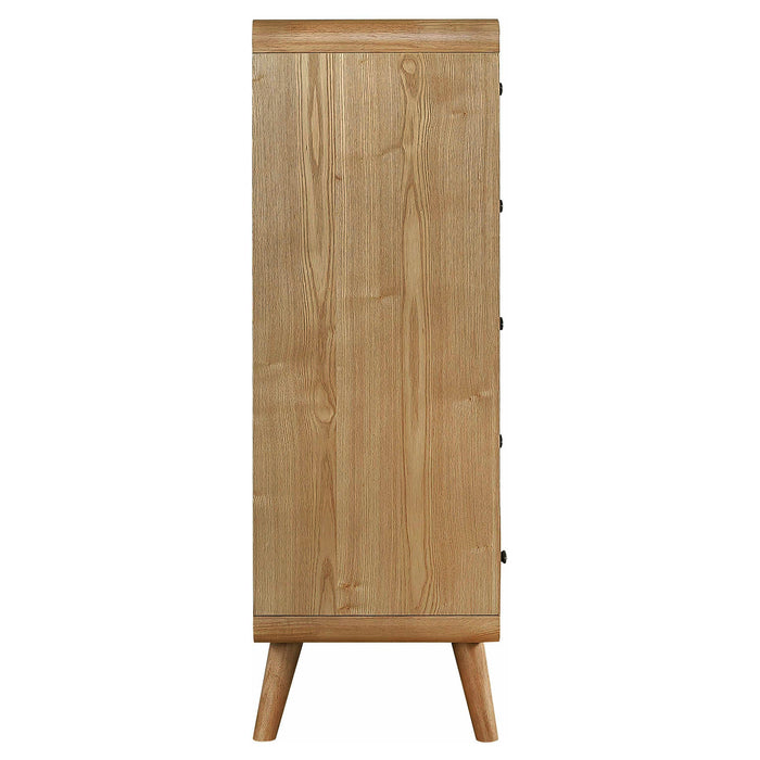 Robyn 5-drawer bedroom chest of drawers in light ash wood, modern furniture piece with sleek design and metal handles.