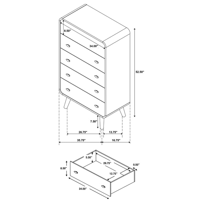 Robyn 5-drawer light ash bedroom chest of drawers by CoasterEveryday, showing sleek wood finish and modern furniture design.
