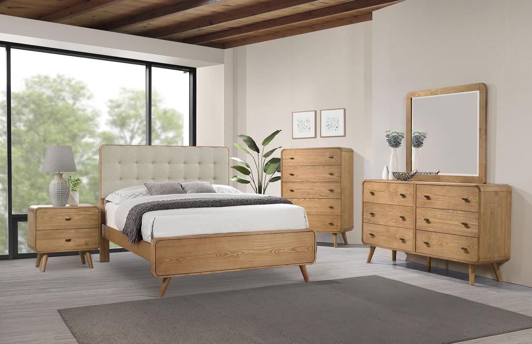 Robyn 5-drawer bedroom chest of drawers in light ash wood, modern furniture piece with sleek design and metal handles.