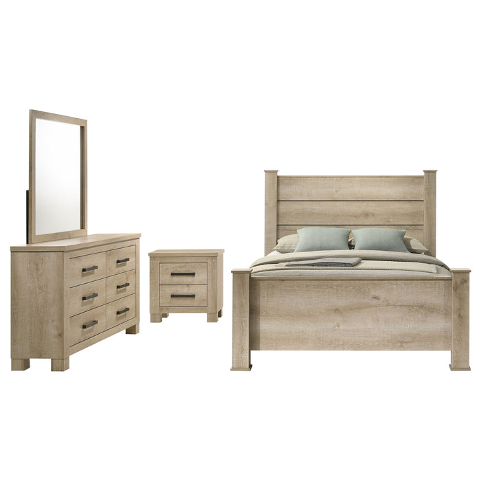 Oakglen 4-piece California King bedroom furniture set by CoasterEveryday, weathered oak finish with bed frame, nightstands, and dresser.
