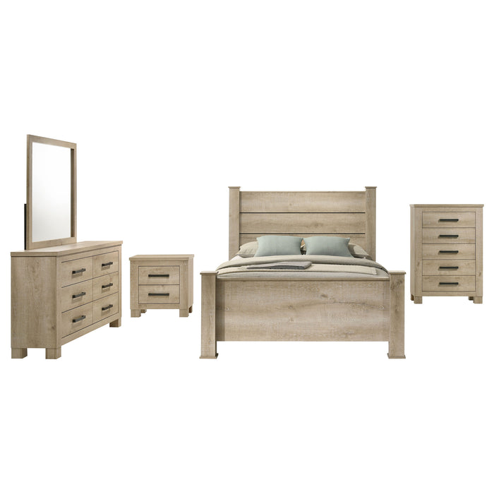 Weathered oak Oakglen 5-piece California King bedroom furniture set by CoasterEveryday, including bed frame and matching storage pieces.