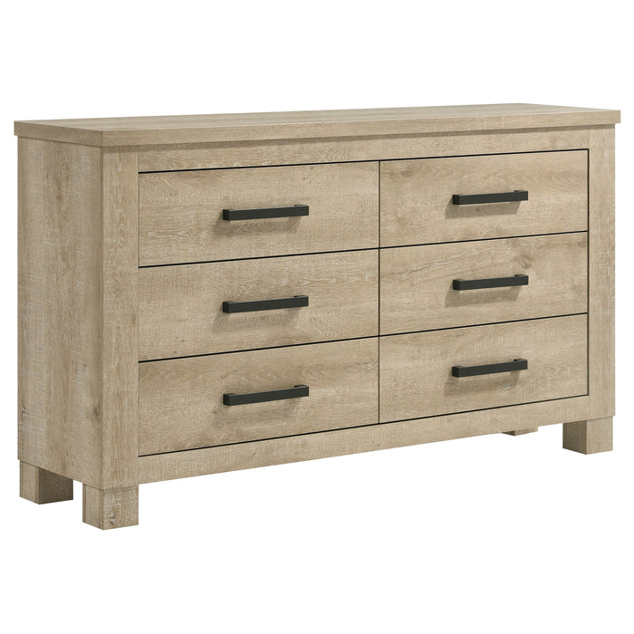 Oakglen 5-piece California King bedroom set by CoasterEveryday with weathered oak finish, includes bed frame, dresser, and nightstands.